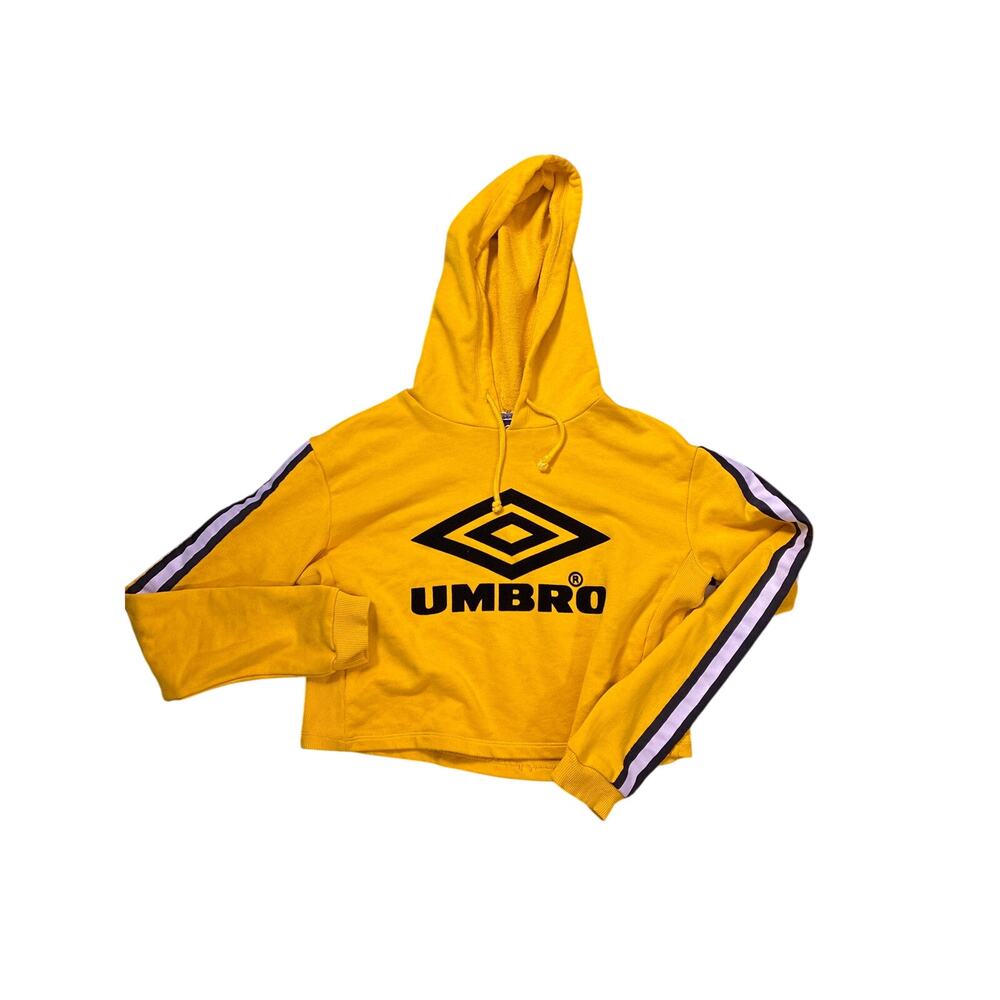 Vintage 90s Umbro Women’s Small Cropped Yellow Hoodie Striped Sleeves Y2K